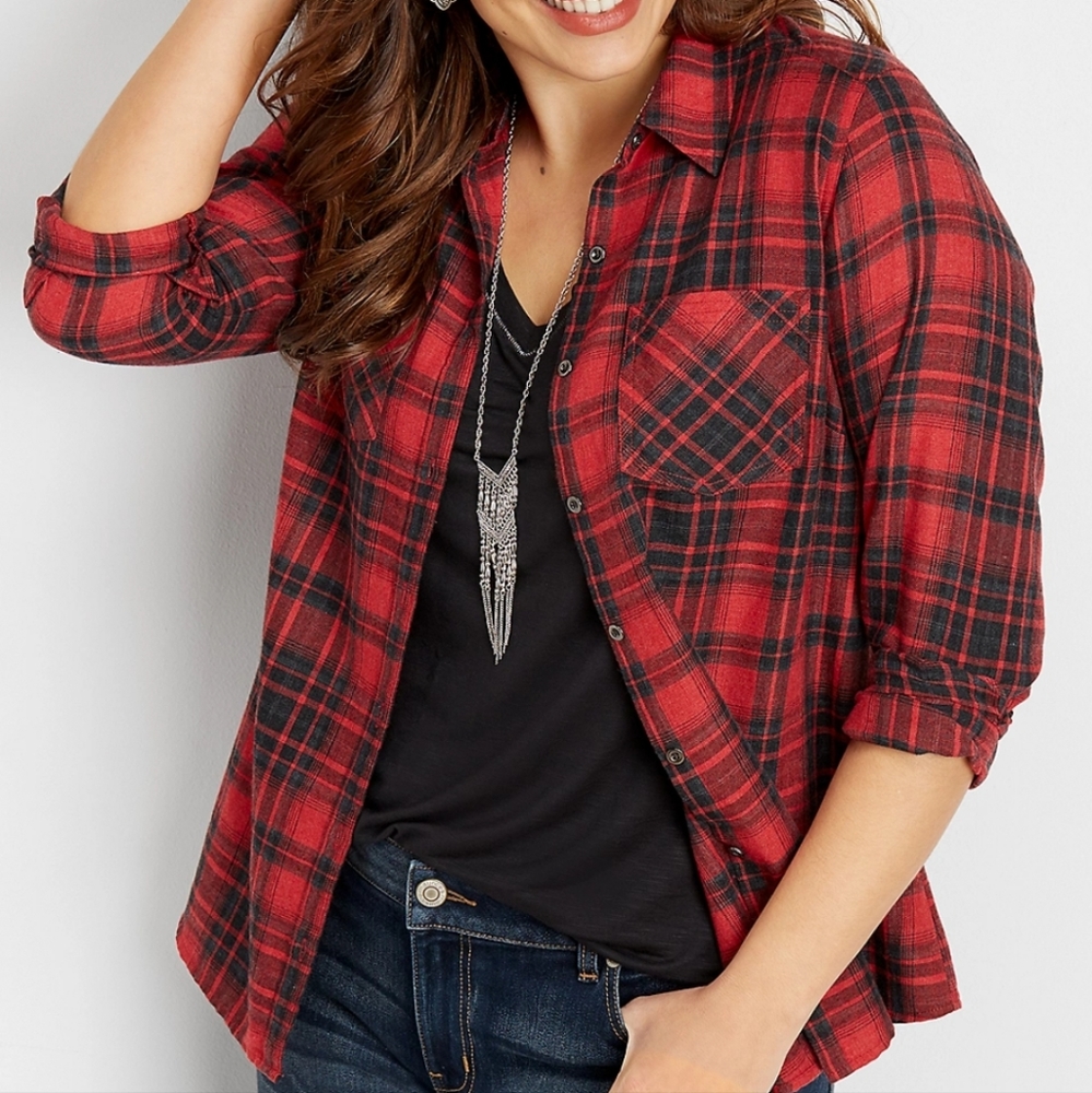 Red and black plaid button up shirt
